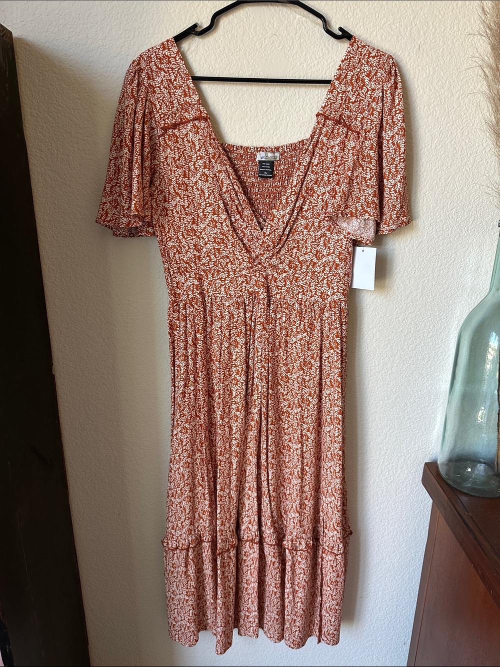 Smocked Rust Floral Midi Dress with V-Neckline